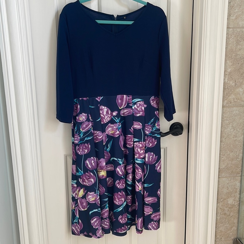 Navy dress with purple flowers EUC XL
